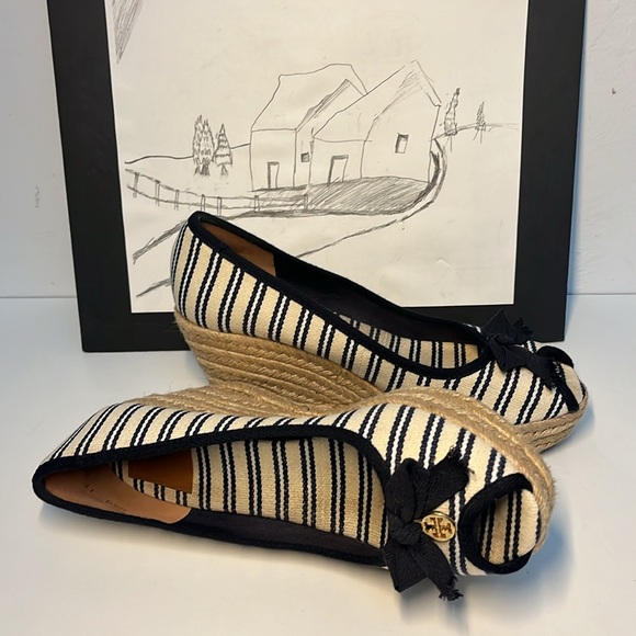 Tory Burch Jackie Striped Peep-Toe Wedge  Women’s Size US 11 B - Picture 8 of 15
